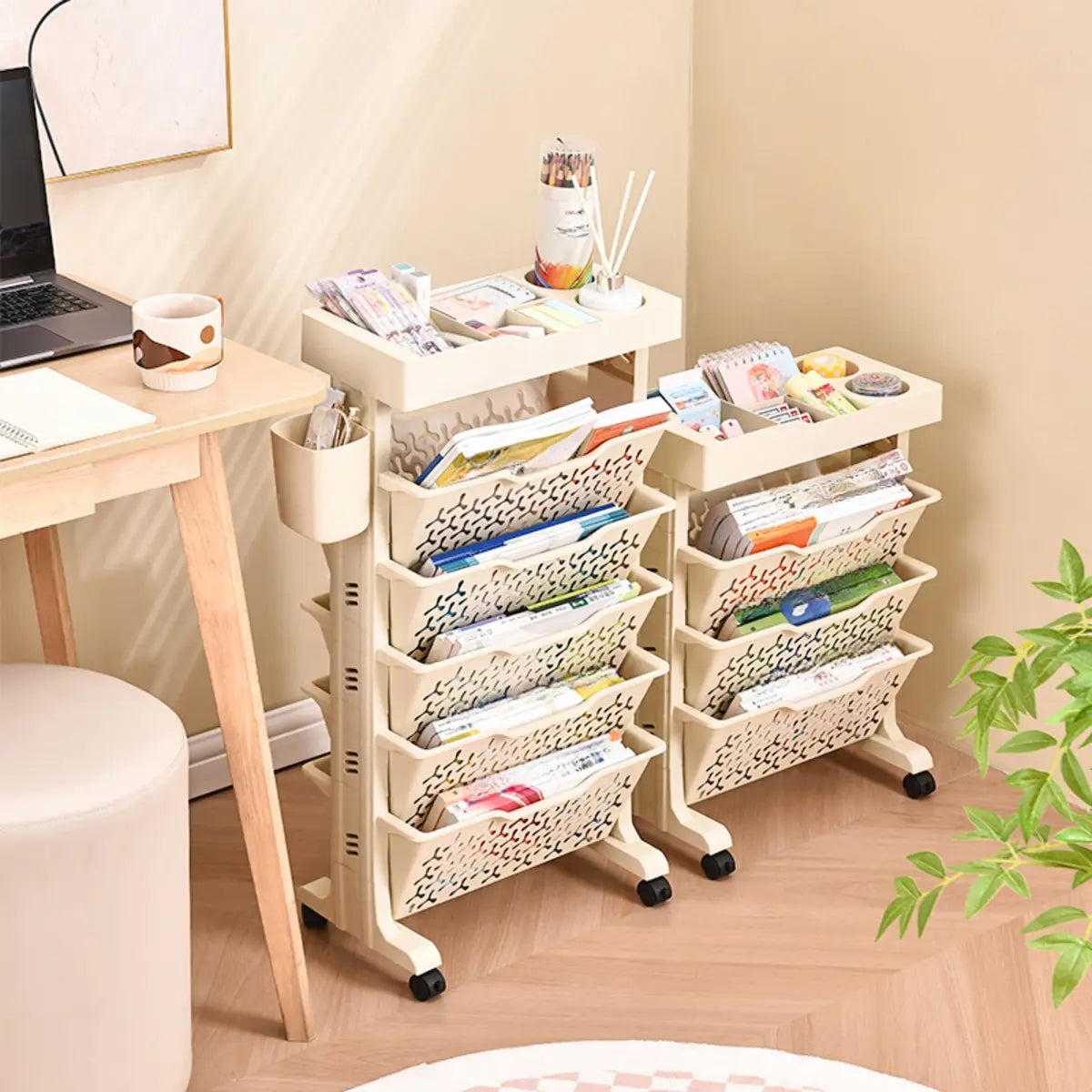 Casual Ivory Open Polymer Sliding Storage Bookshelf Image - 1