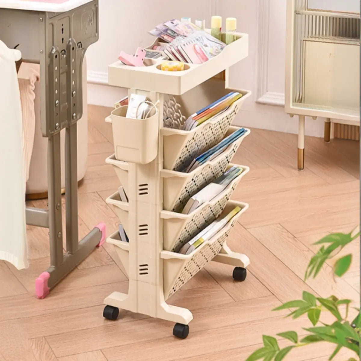 Casual Ivory Open Polymer Sliding Storage Bookshelf Image - 7