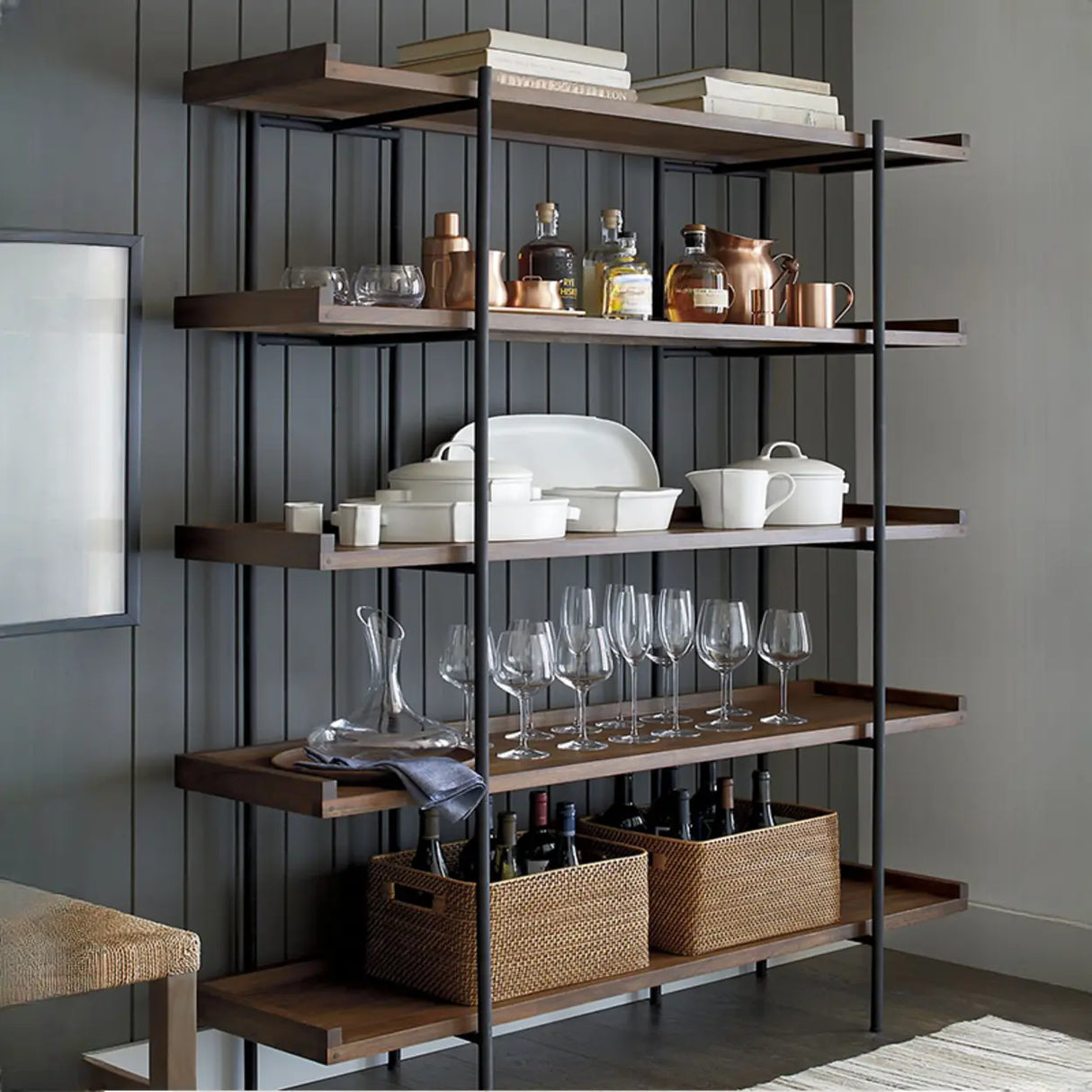 Casual Open Back Metal Frame Pine Etagere Bookshelf Image - 4