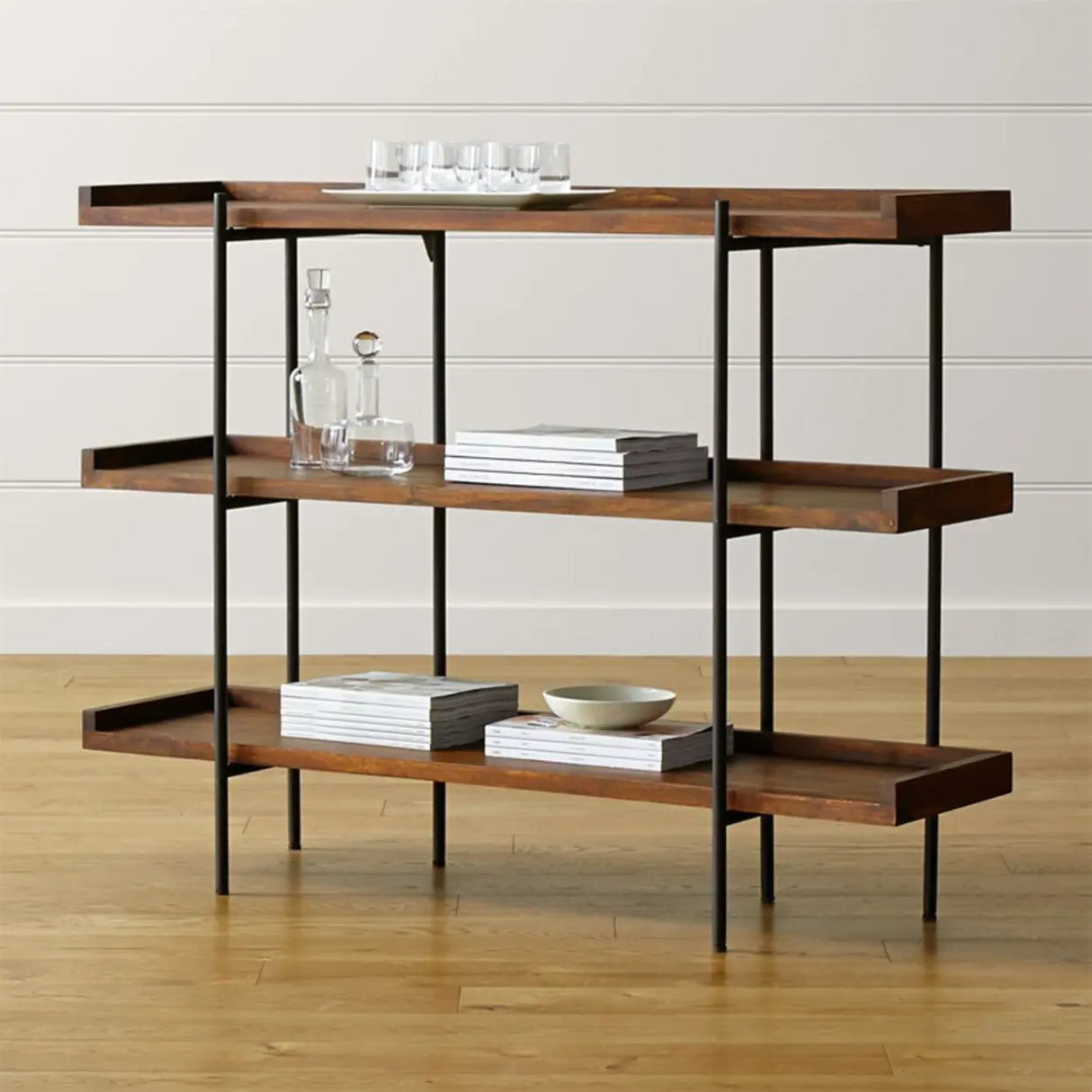 Casual Open Back Metal Frame Pine Etagere Bookshelf Image - 5