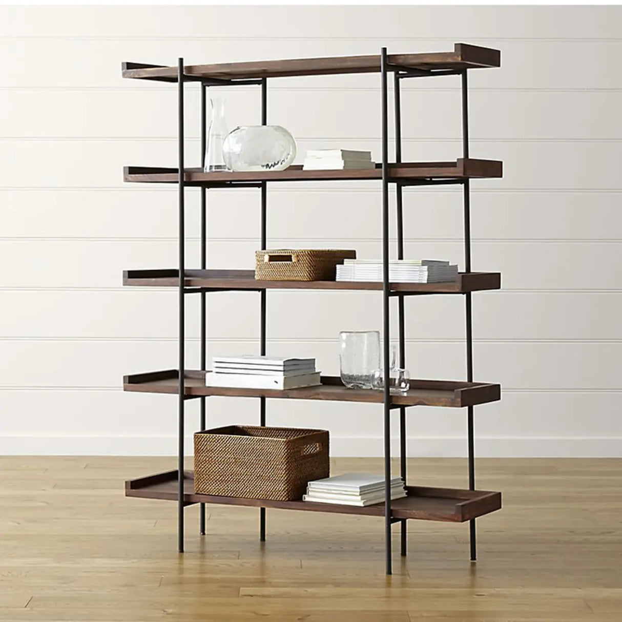 Casual Open Back Metal Frame Pine Etagere Bookshelf Image - 6