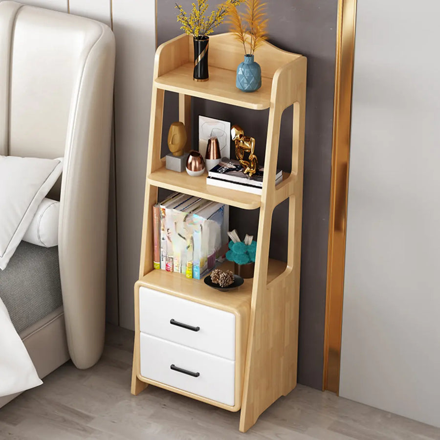 Natural wood ladder storage bookcase with open shelves and lower drawers