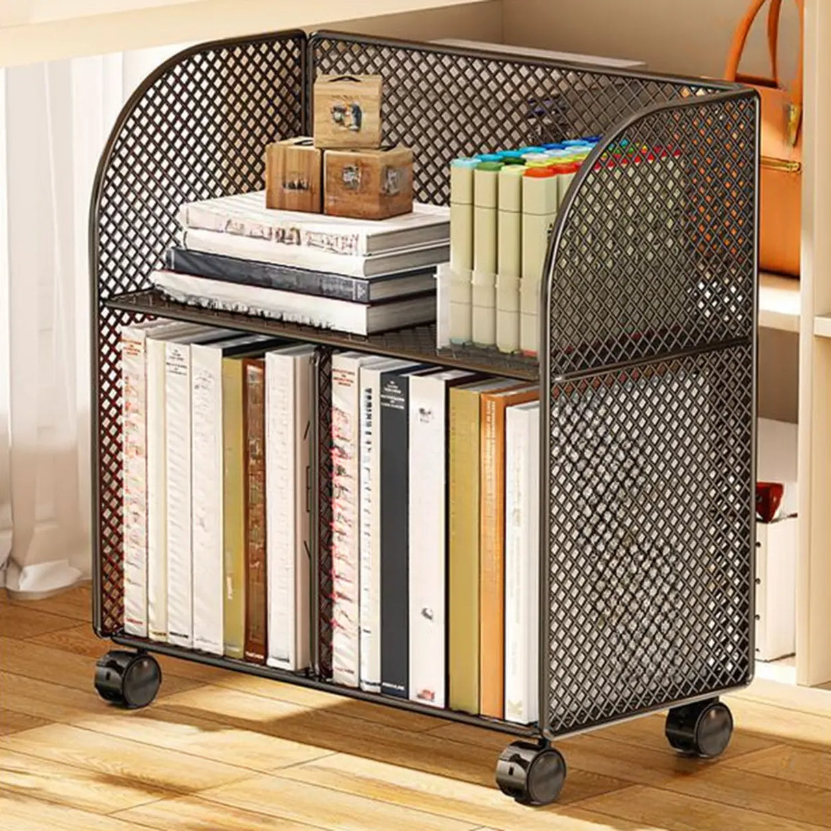 Casual Open Back Sliding Wire Mesh Storage Bookcase Image - 10