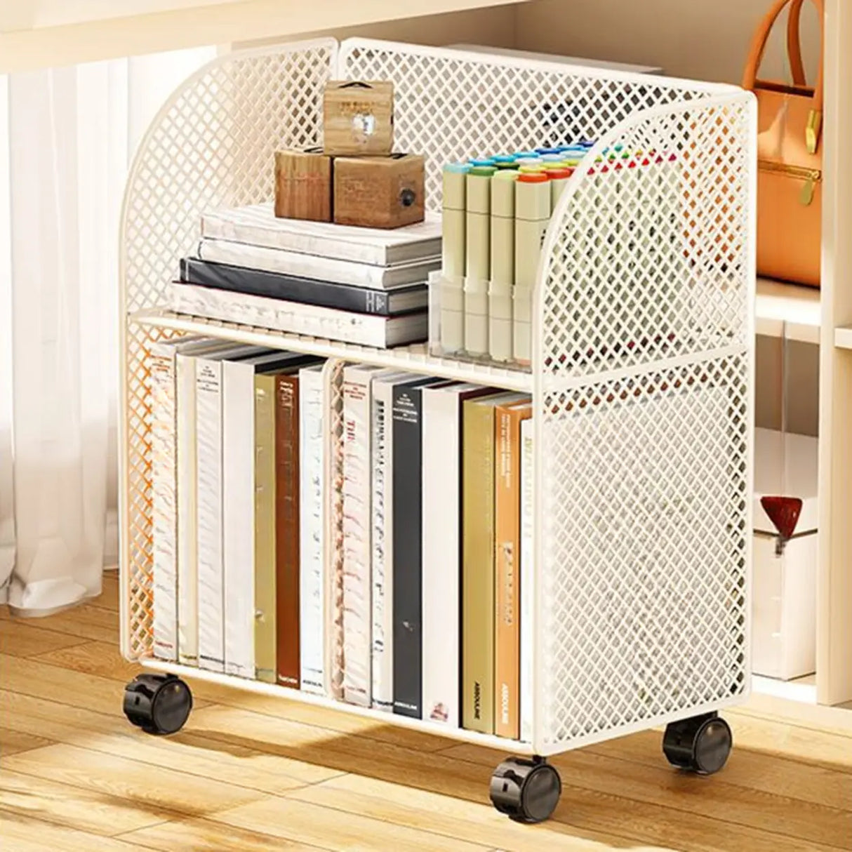 Casual Open Back Sliding Wire Mesh Storage Bookcase Image - 9