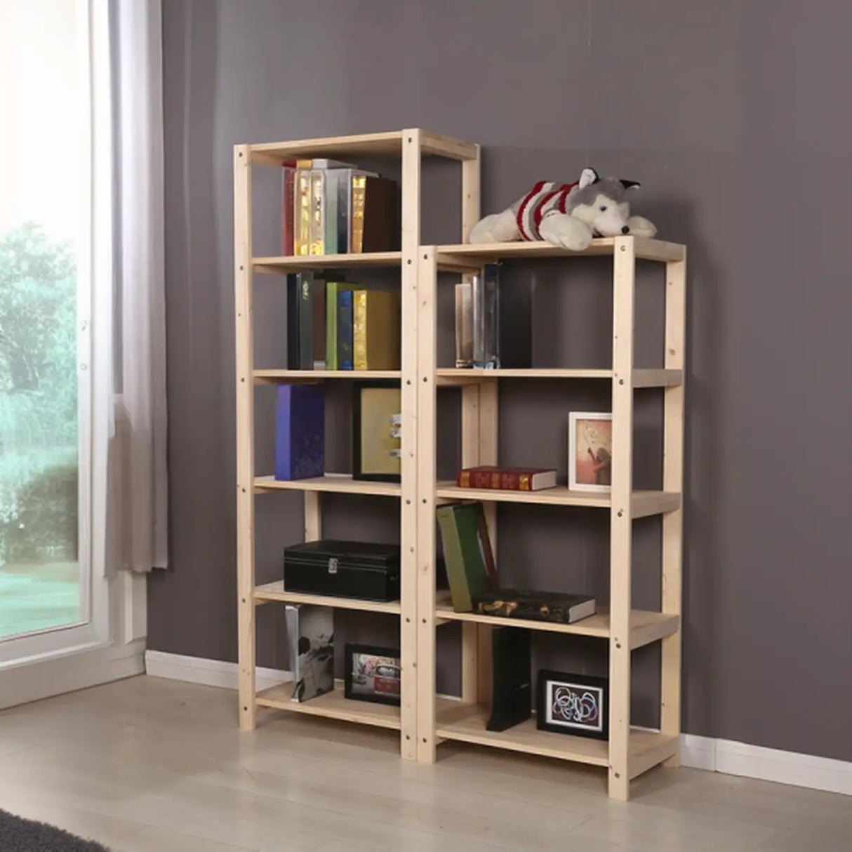Casual Open Beige Wooden Etagere Display Bookshelf Image - 4