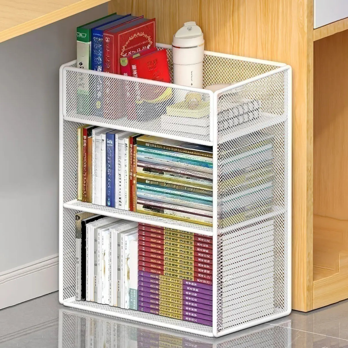 Casual Rectangular Metal Mesh Sliding Storage Bookshelf Image - 13