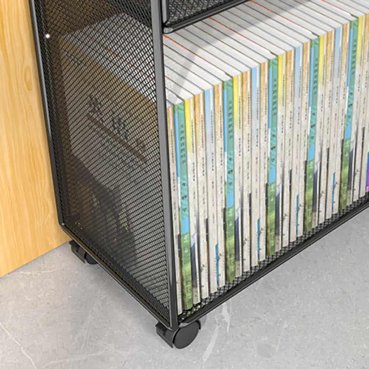 Casual Rectangular Metal Mesh Sliding Storage Bookshelf Image - 14