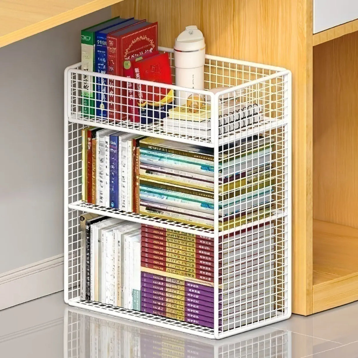 Casual Rectangular Metal Mesh Sliding Storage Bookshelf Image - 15