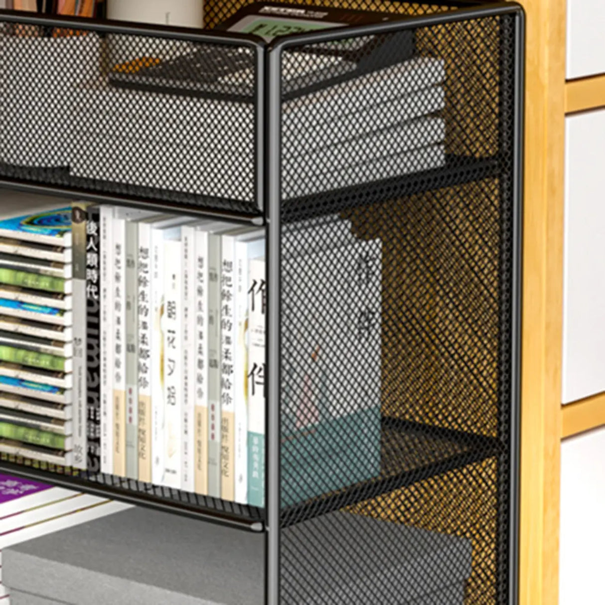 Casual Rectangular Metal Mesh Sliding Storage Bookshelf Image - 16