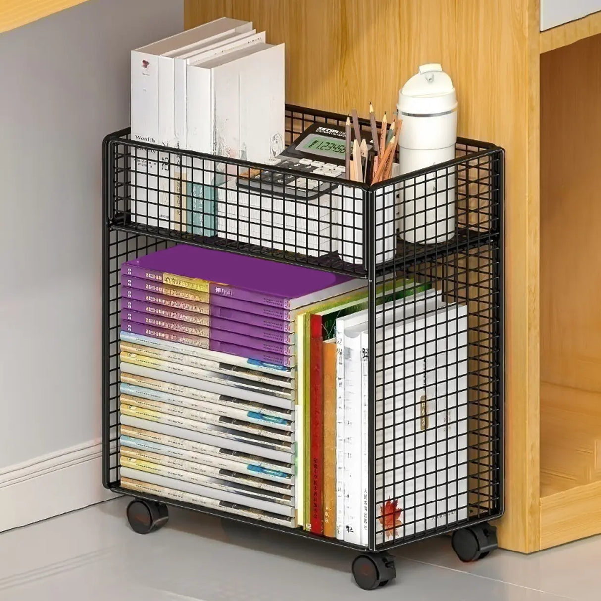 Casual Rectangular Metal Mesh Sliding Storage Bookshelf Image - 18