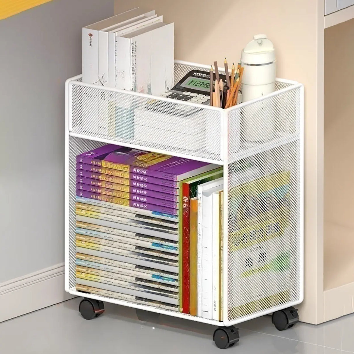 Casual Rectangular Metal Mesh Sliding Storage Bookshelf Image - 19