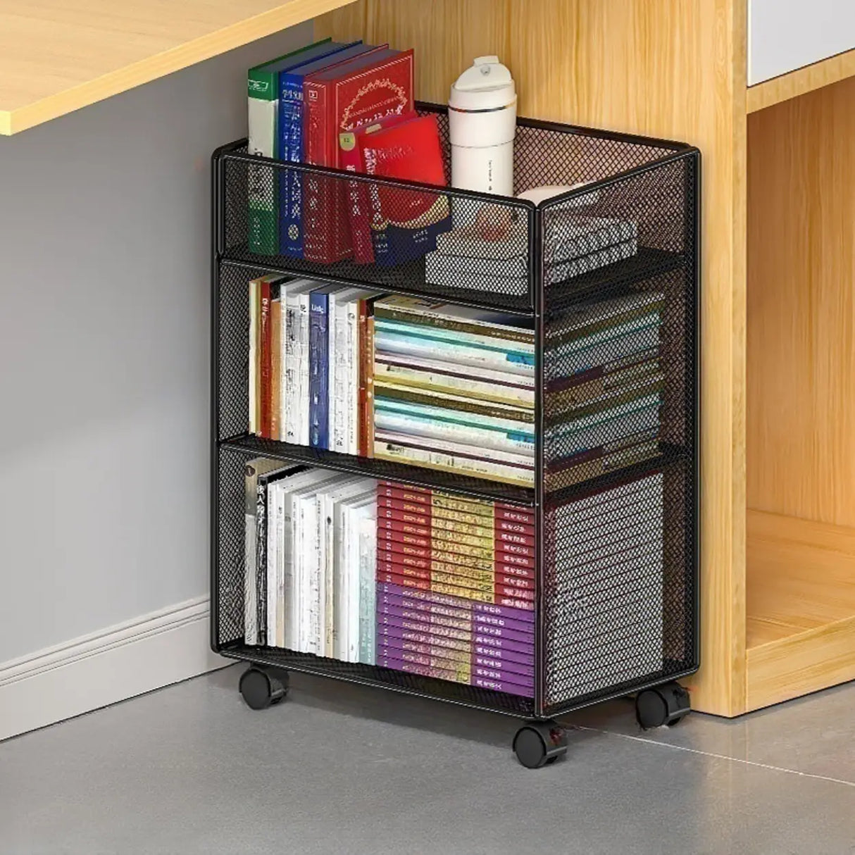 Casual Rectangular Metal Mesh Sliding Storage Bookshelf Image - 20