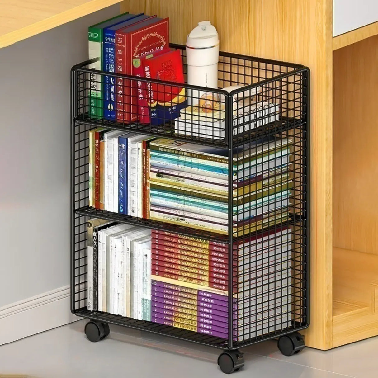 Casual Rectangular Metal Mesh Sliding Storage Bookshelf Image - 21