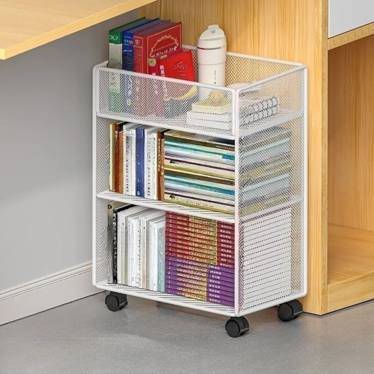 Casual Rectangular Metal Mesh Sliding Storage Bookshelf Image - 22