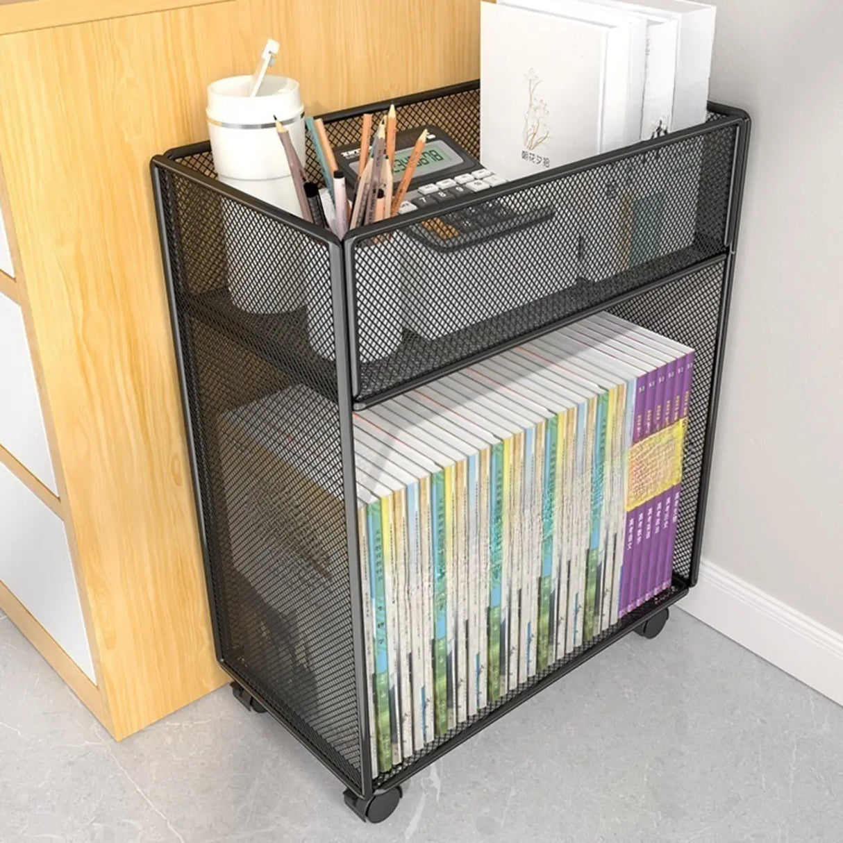 Casual Rectangular Metal Mesh Sliding Storage Bookshelf Image - 3