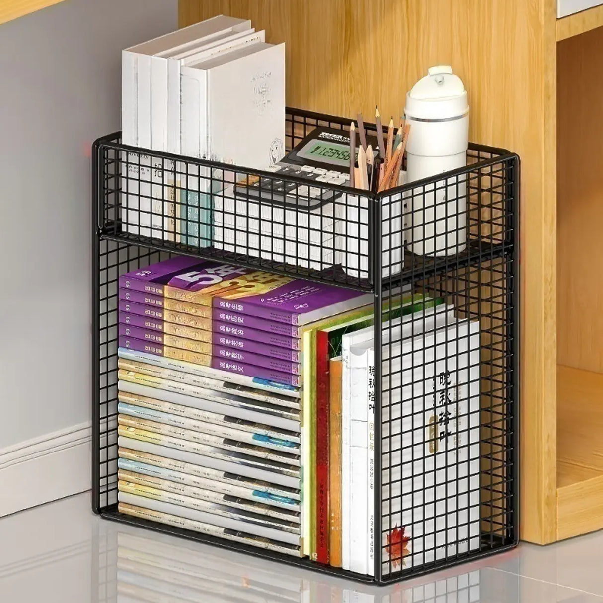 Casual Rectangular Metal Mesh Sliding Storage Bookshelf Image - 4