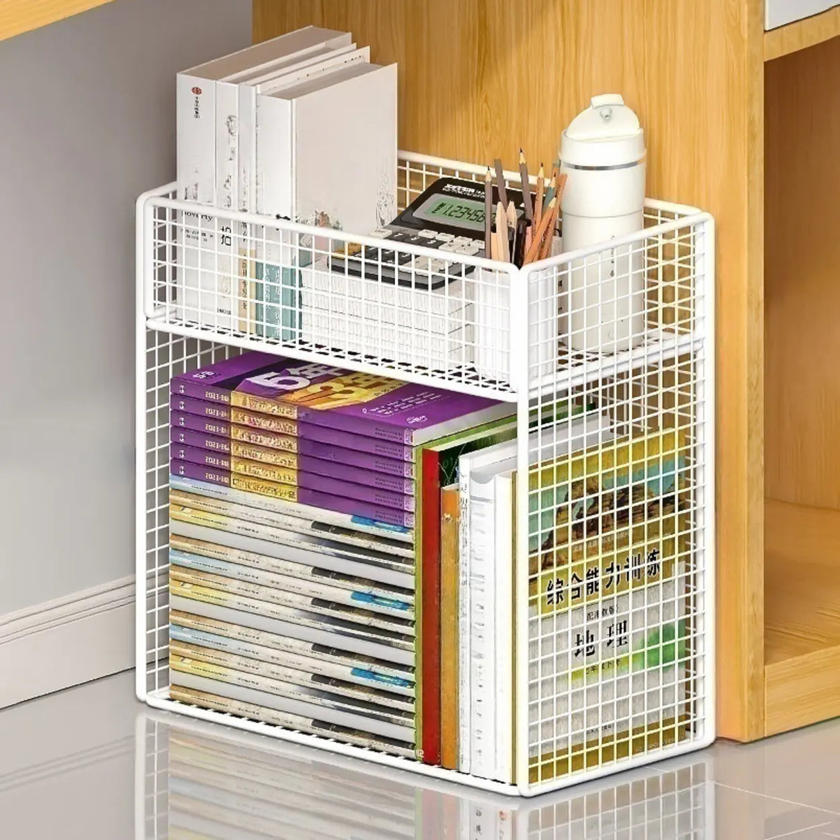 Casual Rectangular Metal Mesh Sliding Storage Bookshelf Image - 8
