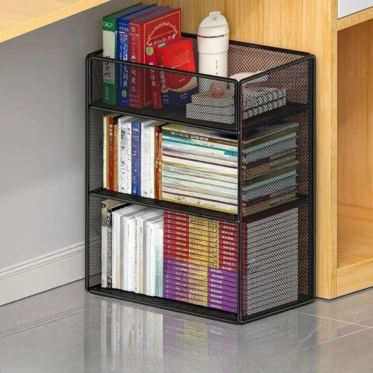 Casual Rectangular Metal Mesh Sliding Storage Bookshelf Image - 9