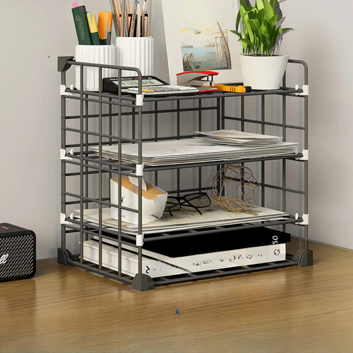 Casual Simple Open Metal Grid Shelf Storage Bookshelf Image - 12