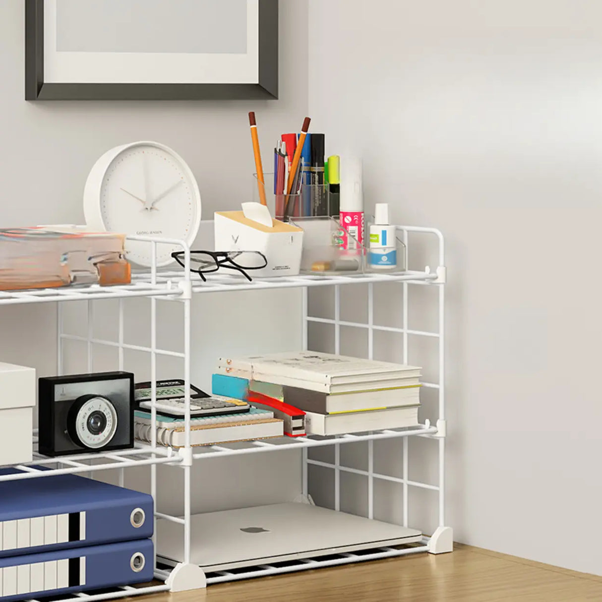 Casual Simple Open Metal Grid Shelf Storage Bookshelf Image - 3