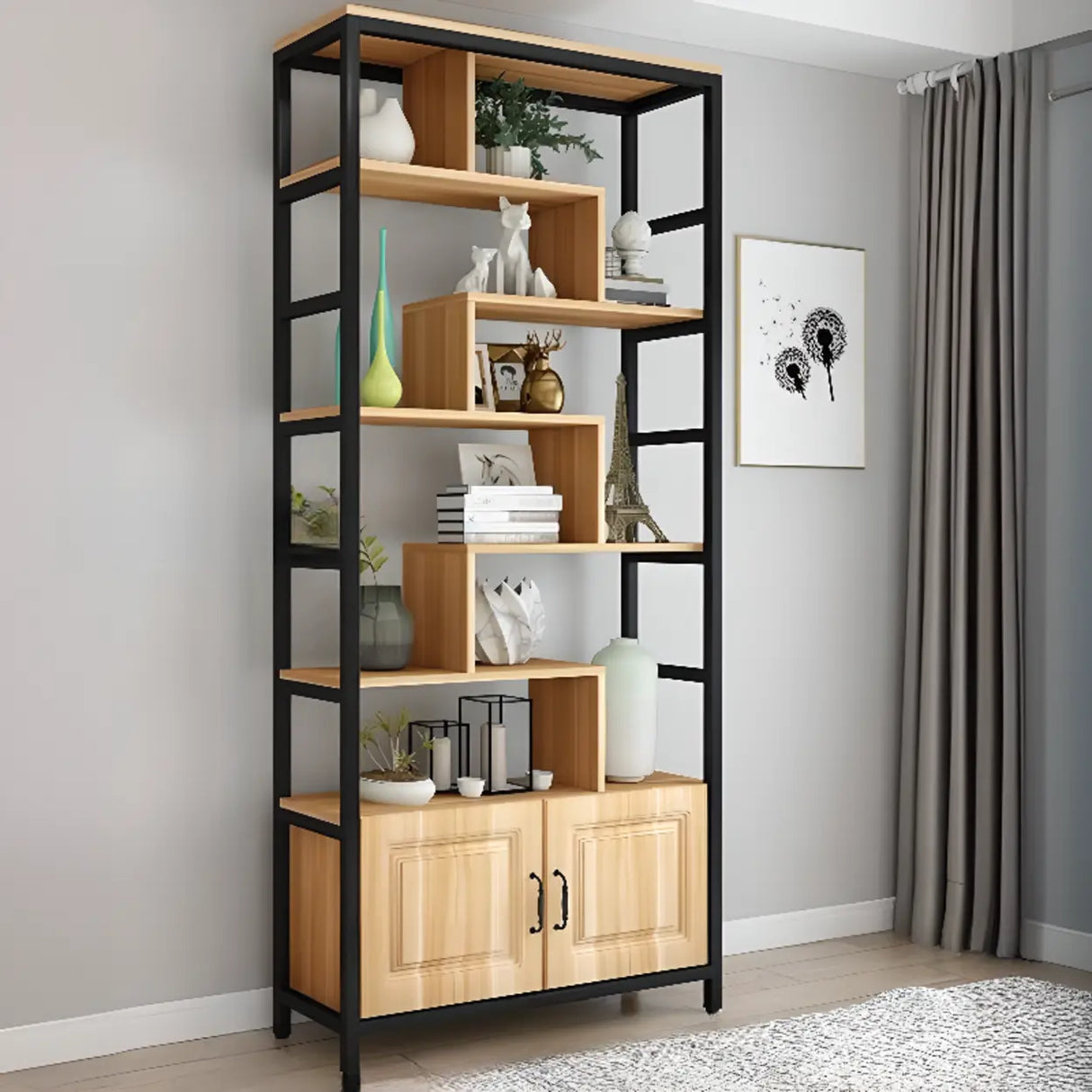 Casual Steel Frame Vertical Wood Shelves Bookcase Image - 10