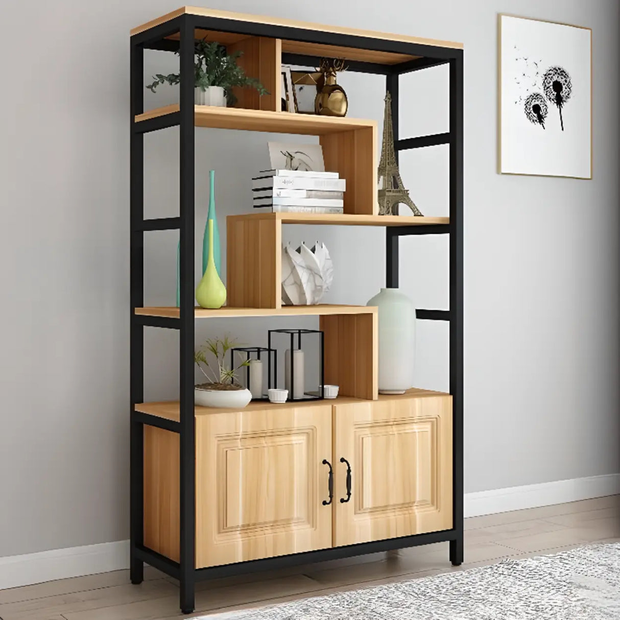 Casual Steel Frame Vertical Wood Shelves Bookcase Image - 3