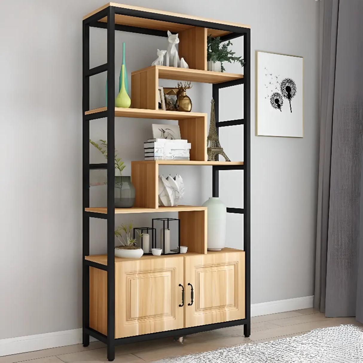 Casual Steel Frame Vertical Wood Shelves Bookcase Image - 4