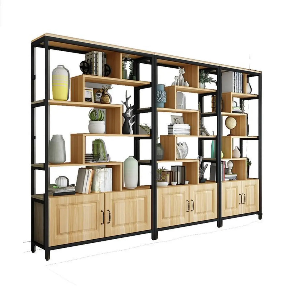 Casual Steel Frame Vertical Wood Shelves Bookcase Image - 5