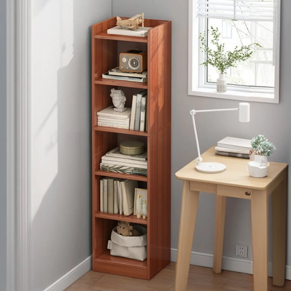 Casual Vertical Wood 6 Tiers Narrow Bookcase White Image - 17