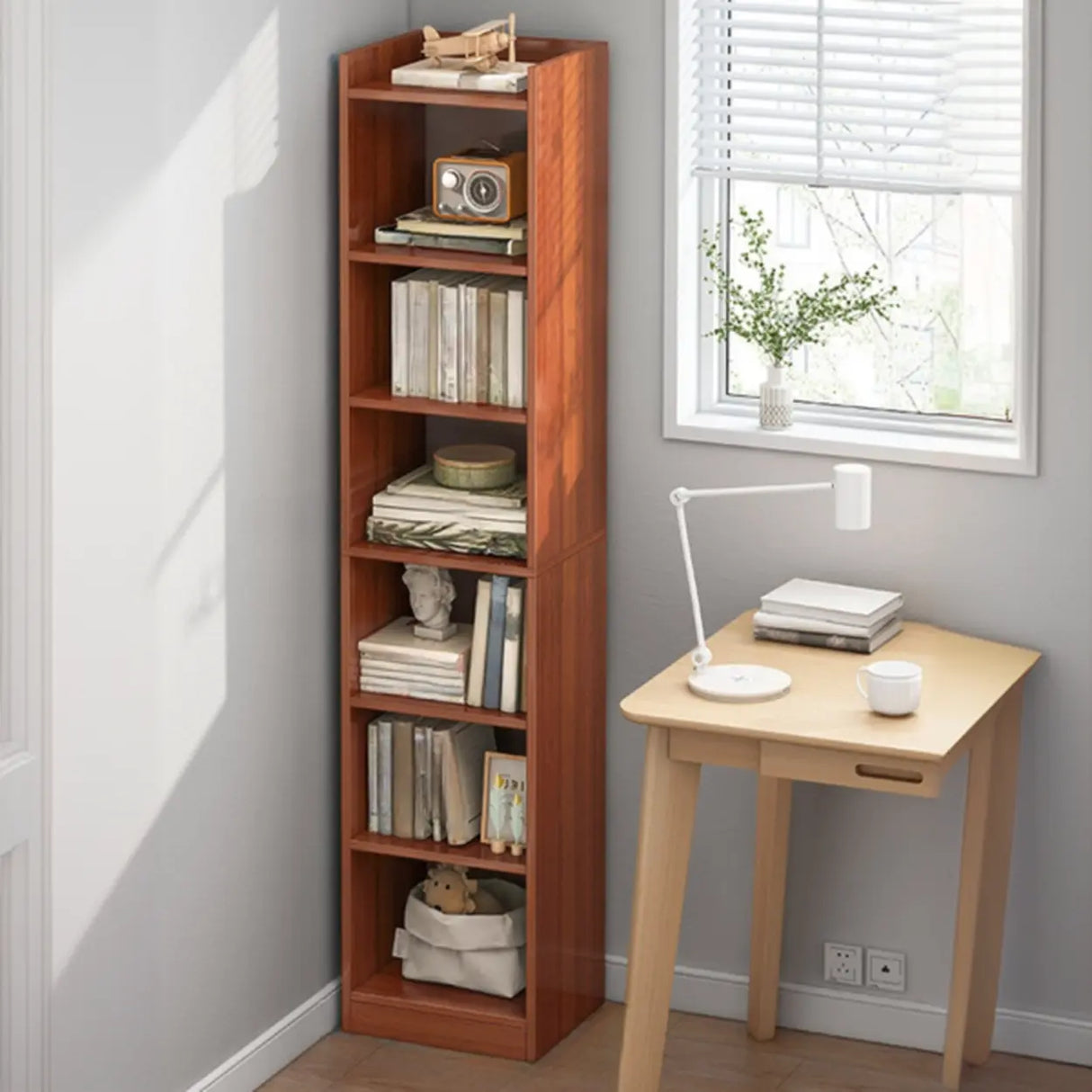 Casual Vertical Wood 6 Tiers Narrow Bookcase White Image - 19