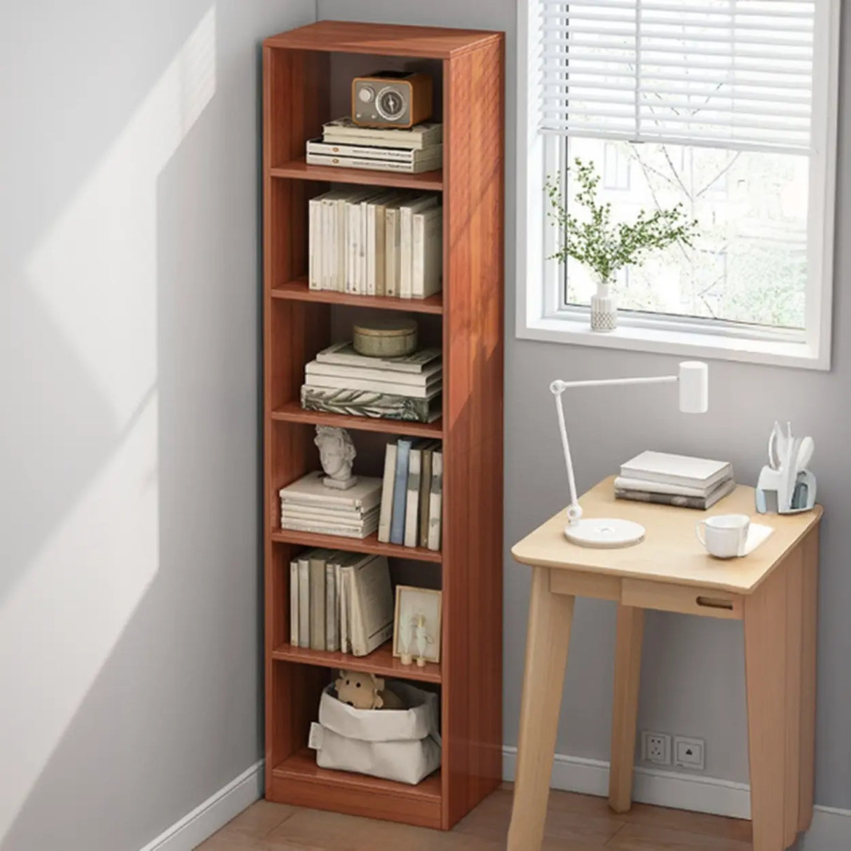 Casual Vertical Wood 6 Tiers Narrow Bookcase White Image - 20