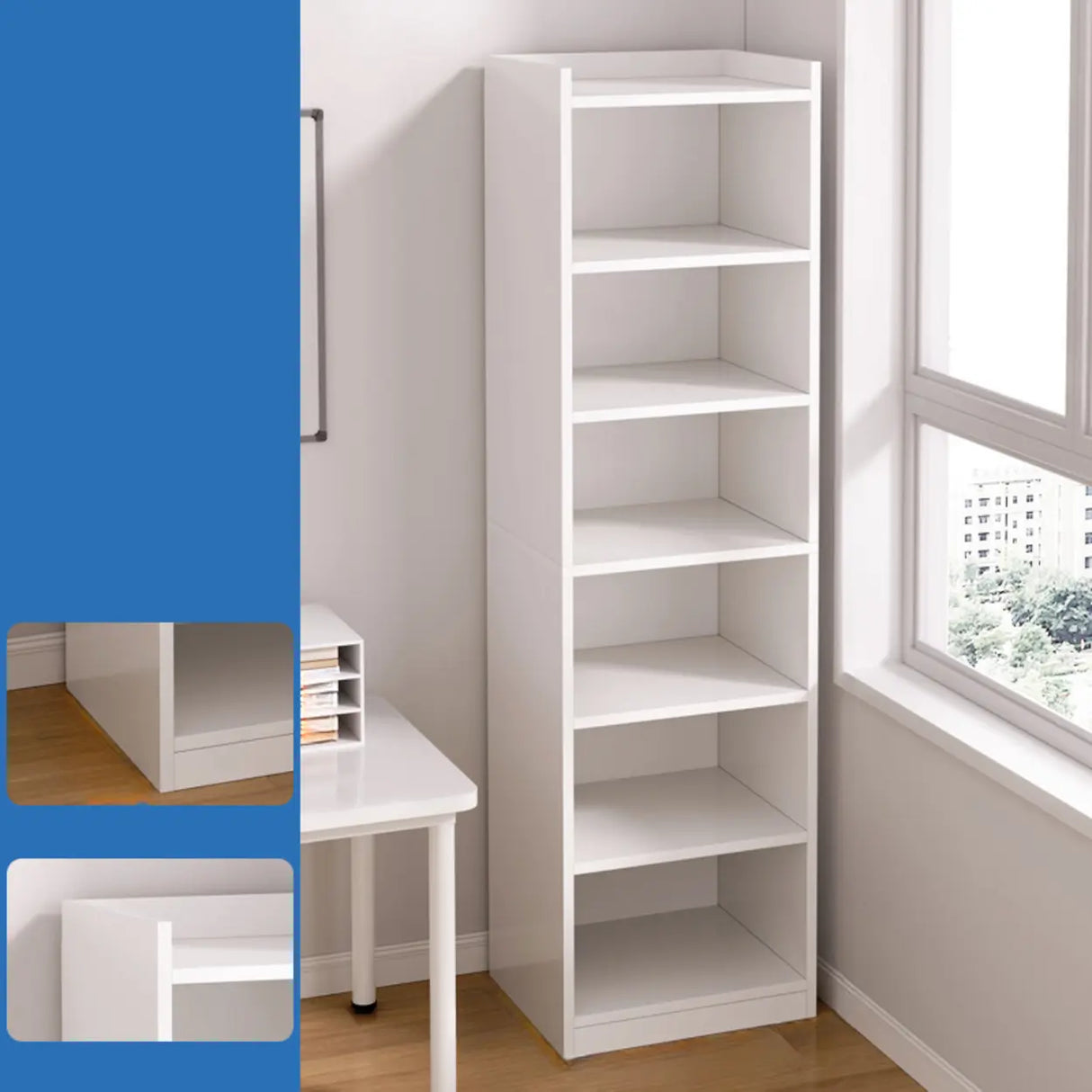 Casual Vertical Wood 6 Tiers Narrow Bookcase White Image - 25