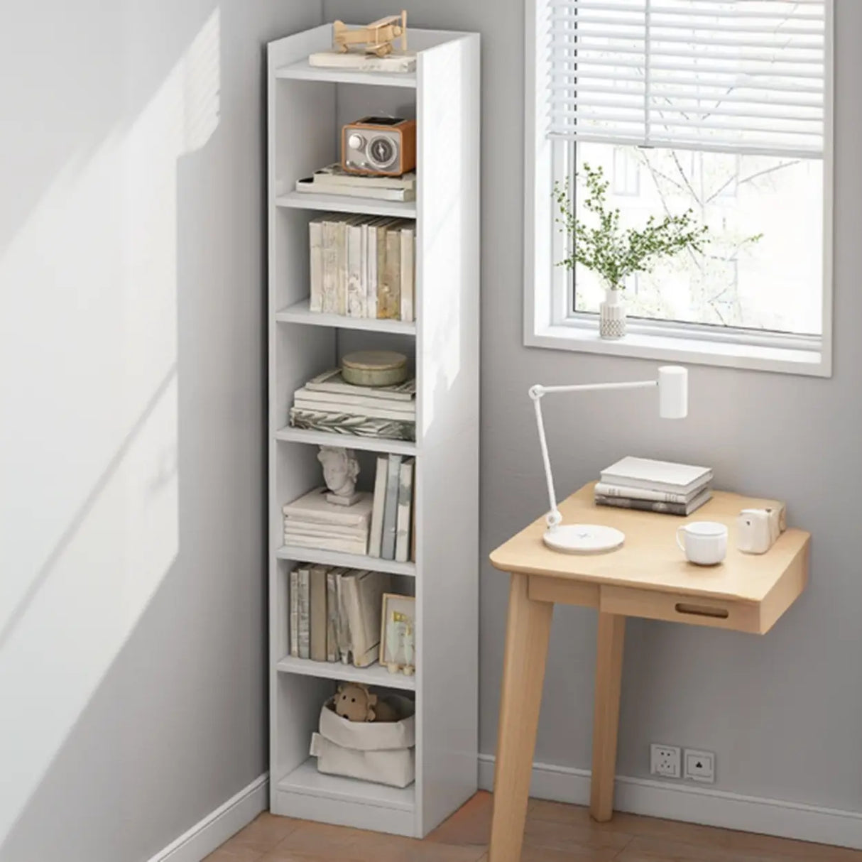 Casual Vertical Wood 6 Tiers Narrow Bookcase White Image - 28