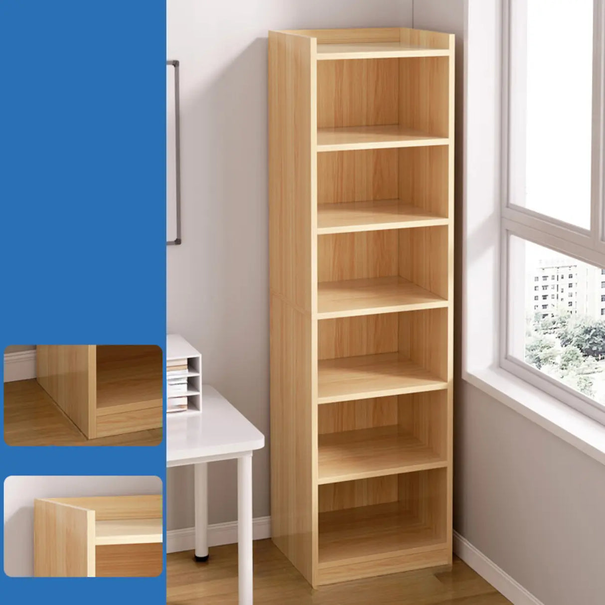Casual Vertical Wood 6 Tiers Narrow Bookcase White Image - 3
