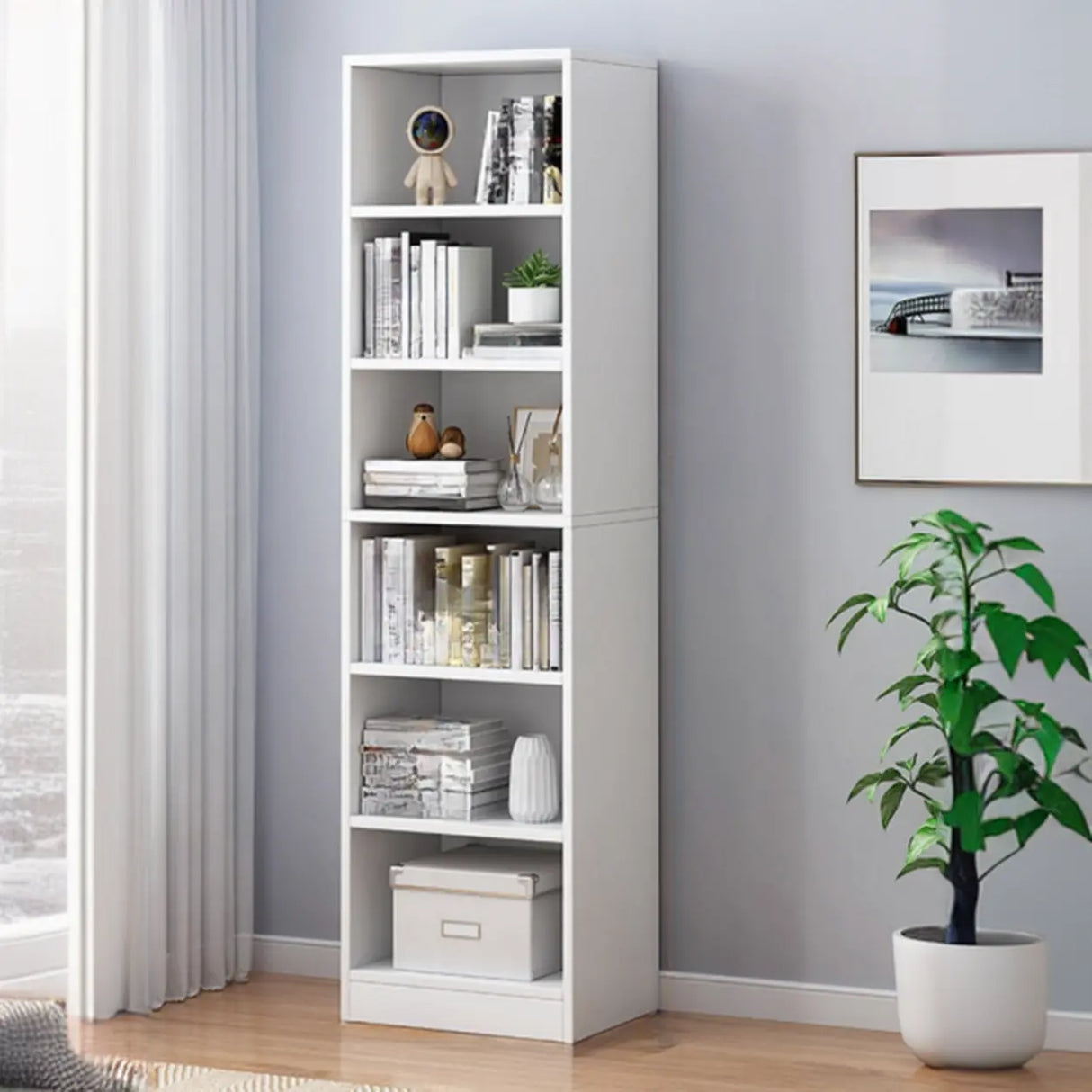 Casual Vertical Wood 6 Tiers Narrow Bookcase White Image - 30