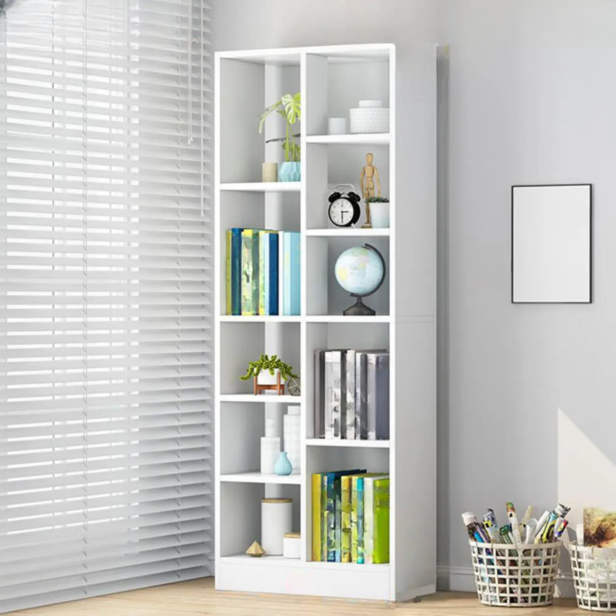 Casual Vertical Wood 6 Tiers Narrow Bookcase White Image - 31