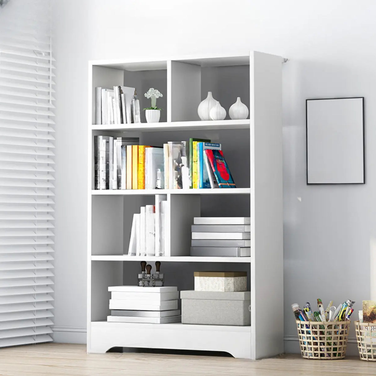 Casual Vertical Wood 6 Tiers Narrow Bookcase White Image - 32