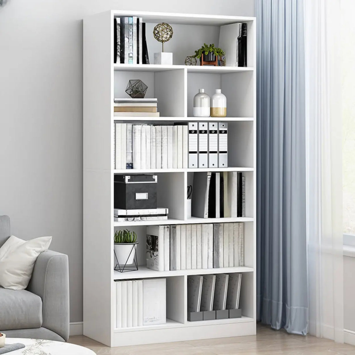 Casual Vertical Wood 6 Tiers Narrow Bookcase White Image - 33