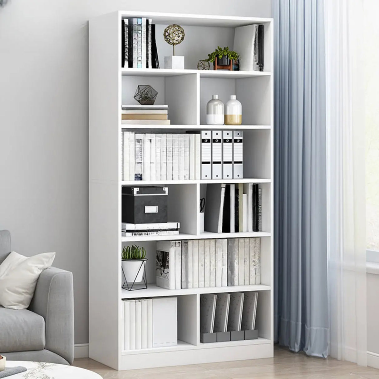 Casual Vertical Wood 6 Tiers Narrow Bookcase White Image - 35