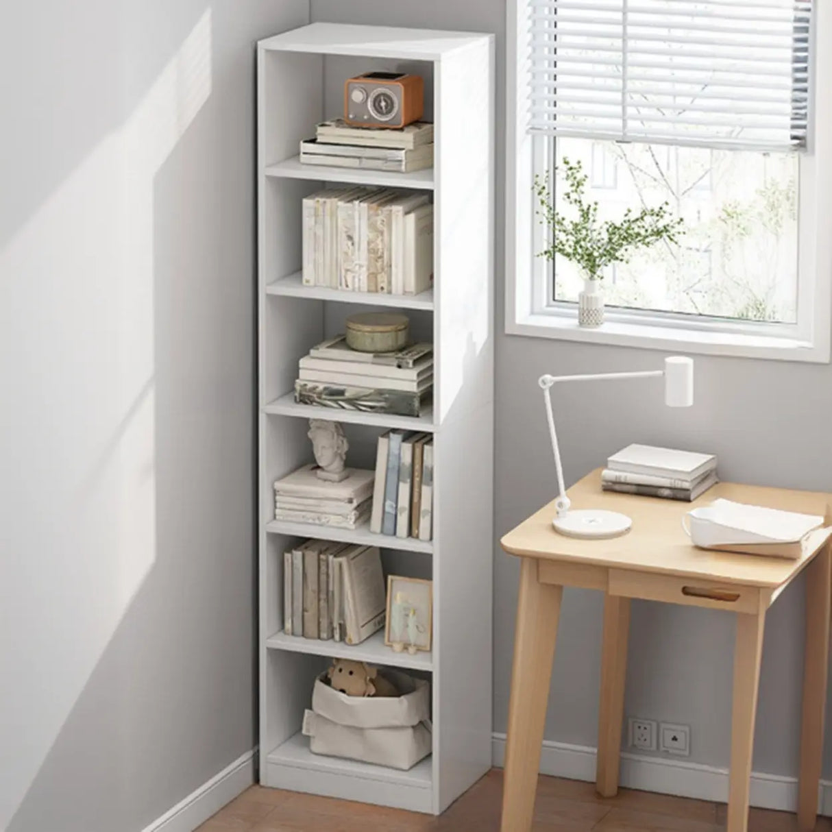 Casual Vertical Wood 6 Tiers Narrow Bookcase White Image - 36