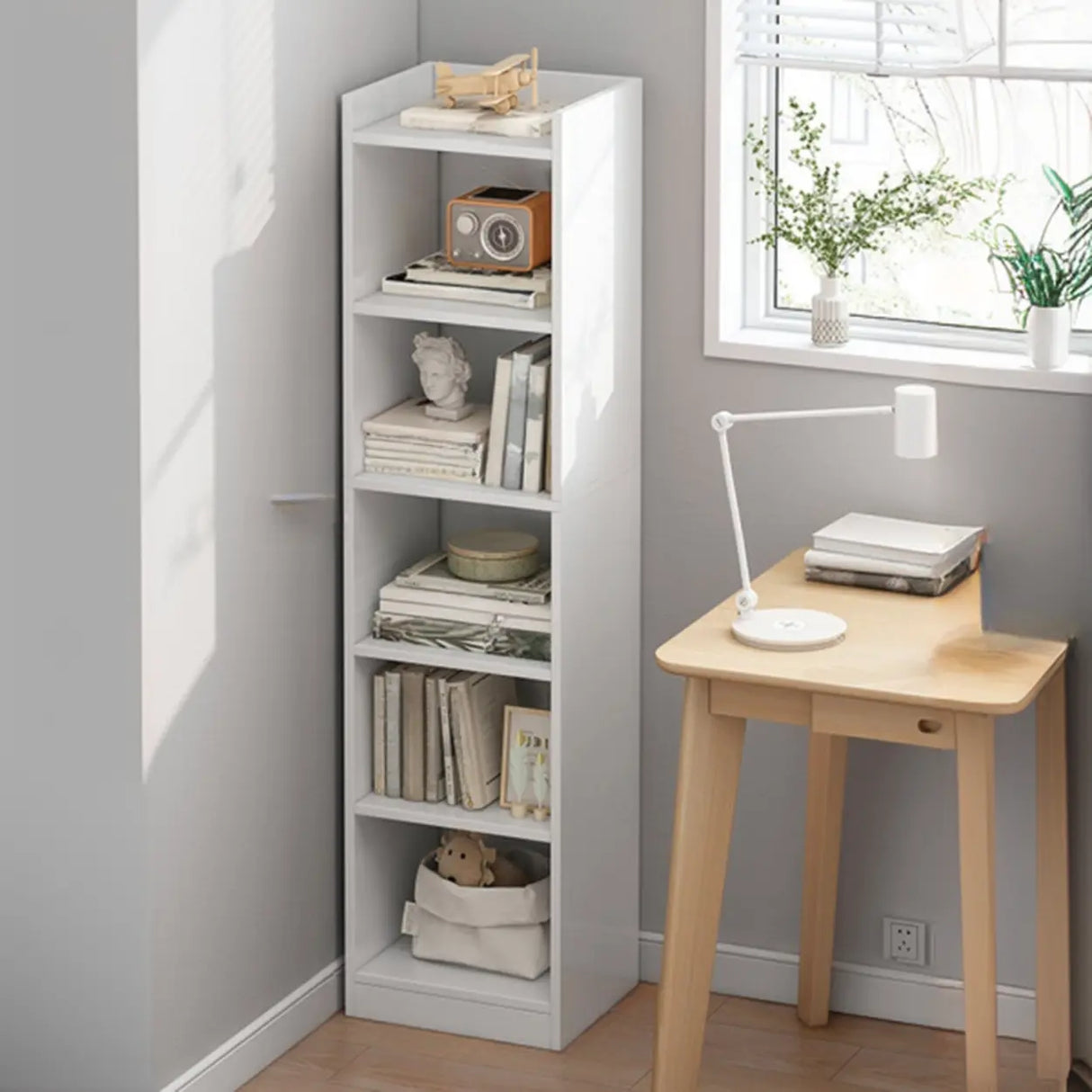 Casual Vertical Wood 6 Tiers Narrow Bookcase White Image - 37