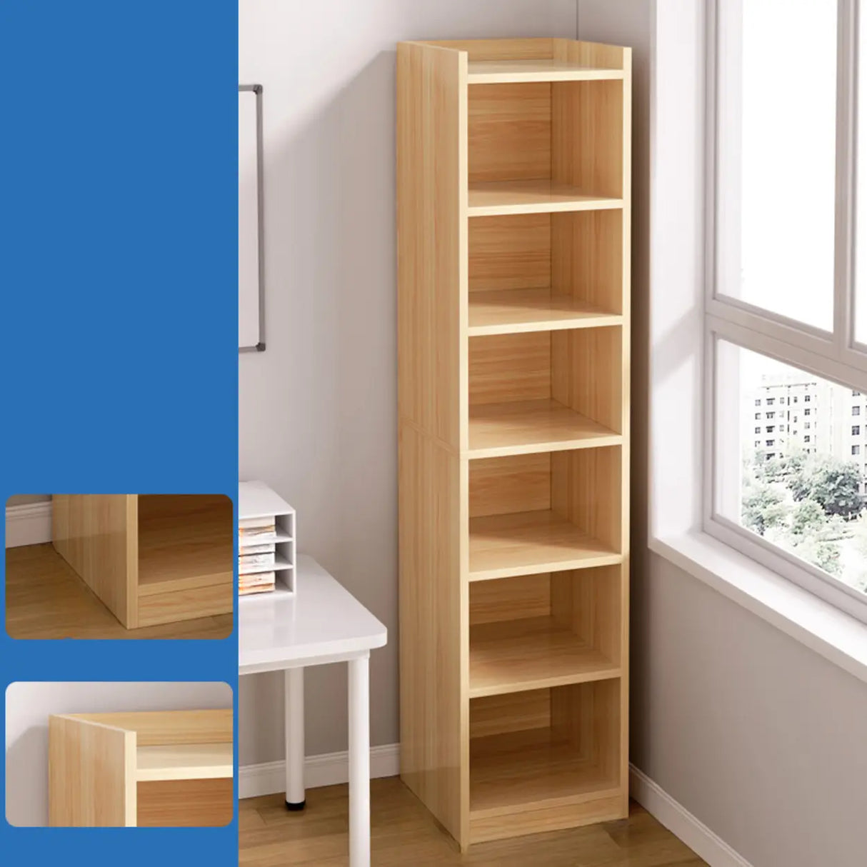 Casual Vertical Wood 6 Tiers Narrow Bookcase White Image - 4