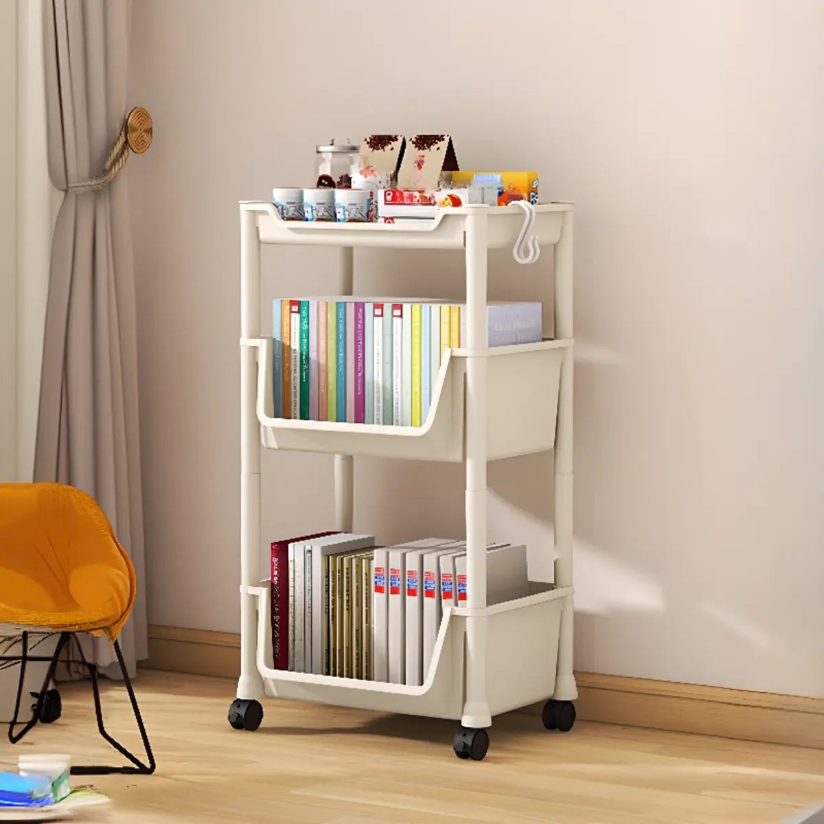 Casual White Multi-layer Sliding Storage Bookshelf Image - 10
