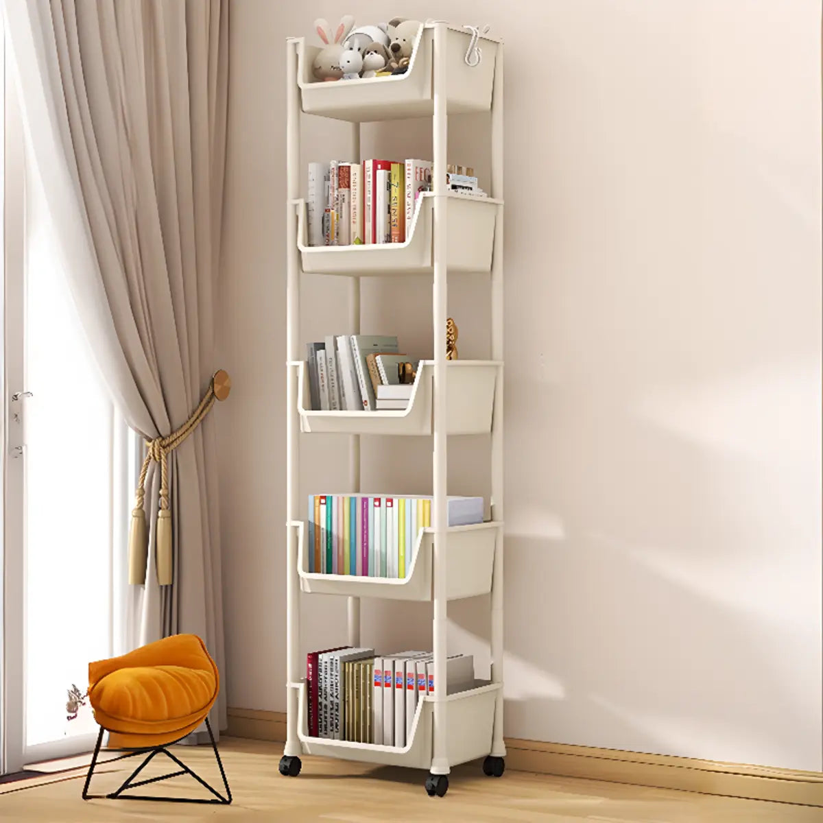 Casual White Multi-layer Sliding Storage Bookshelf Image - 11