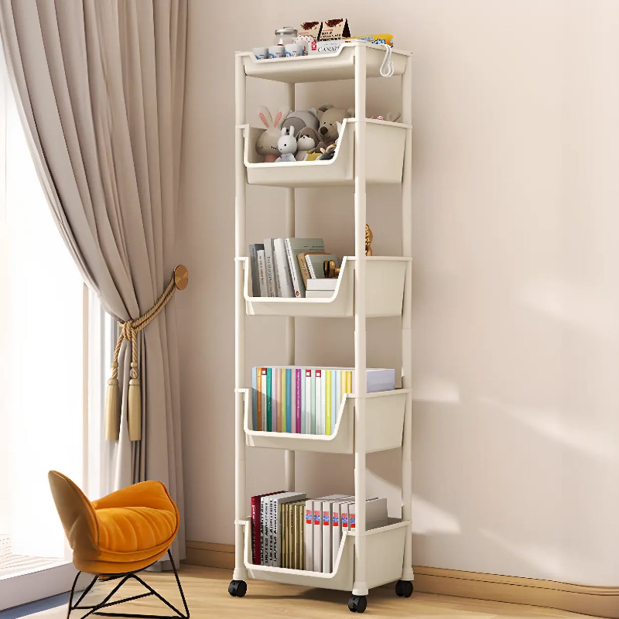 Casual White Multi-layer Sliding Storage Bookshelf Image - 4