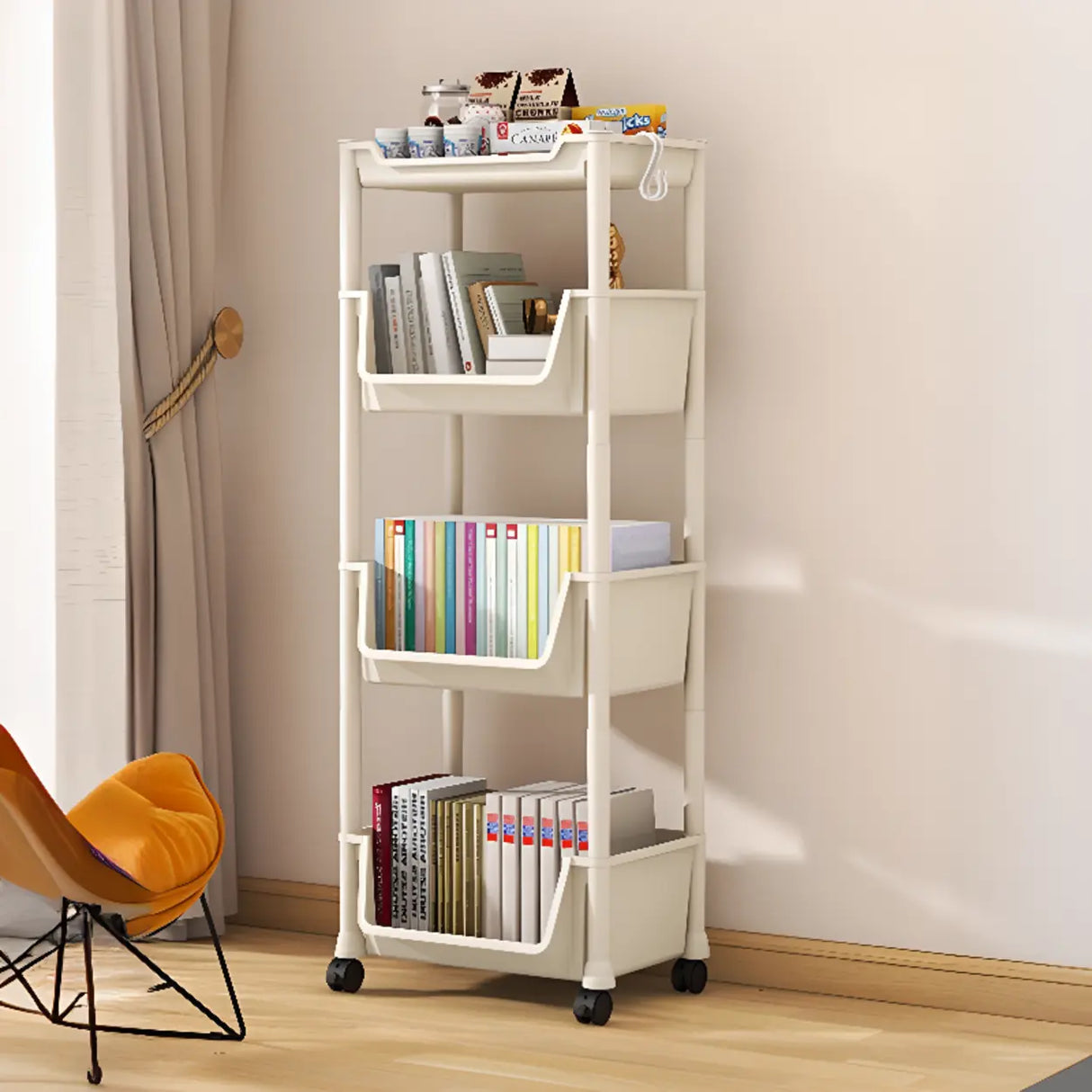 Casual White Multi-layer Sliding Storage Bookshelf Image - 7
