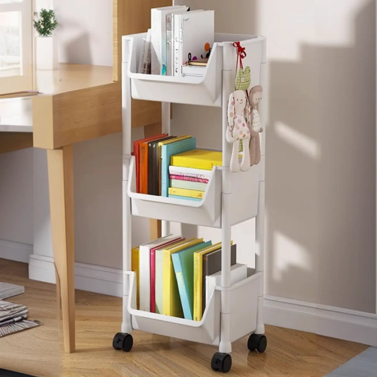 Casual White Polymer Vertical Rolling Storage Bookshelf Image - 10