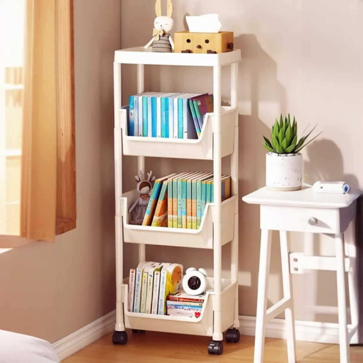 Casual White Polymer Vertical Rolling Storage Bookshelf Image - 12