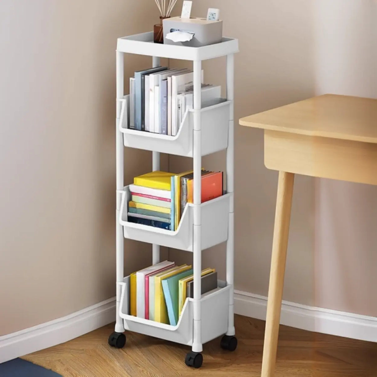 Casual White Polymer Vertical Rolling Storage Bookshelf Image - 13