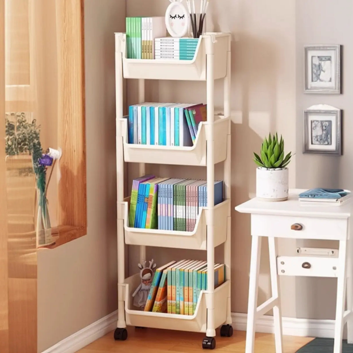Casual White Polymer Vertical Rolling Storage Bookshelf Image - 15